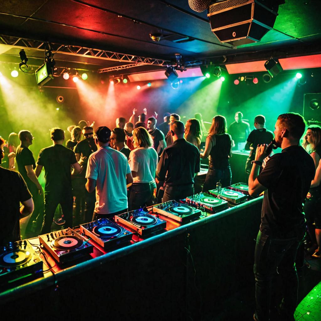 At Club Envy in Kettering, UK, a popular neurofunk band entertains an engaged crowd with flashing lights, smoke, and energetic performances on stage, while the DJ skillfully mixes tracks and the bar serves drinks in this climate-controlled music venue.