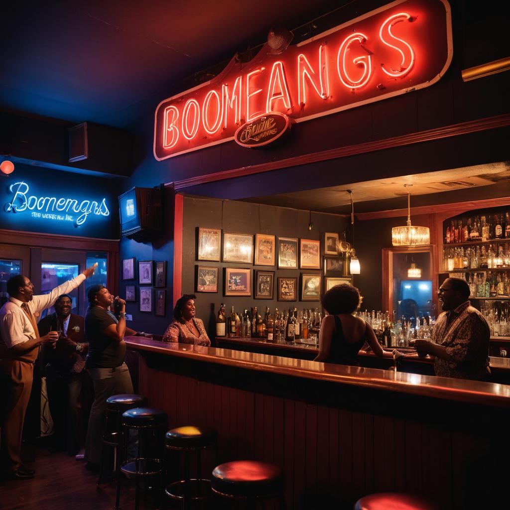 A bustling crowd grooves inside Club Boomerangs in Montgomery, Alabama, surrounded by soul music memorabilia and energized by a live band; patrons dance, sing, and connect, with a bartender mixing drinks amidst the neon glow and electric atmosphere.