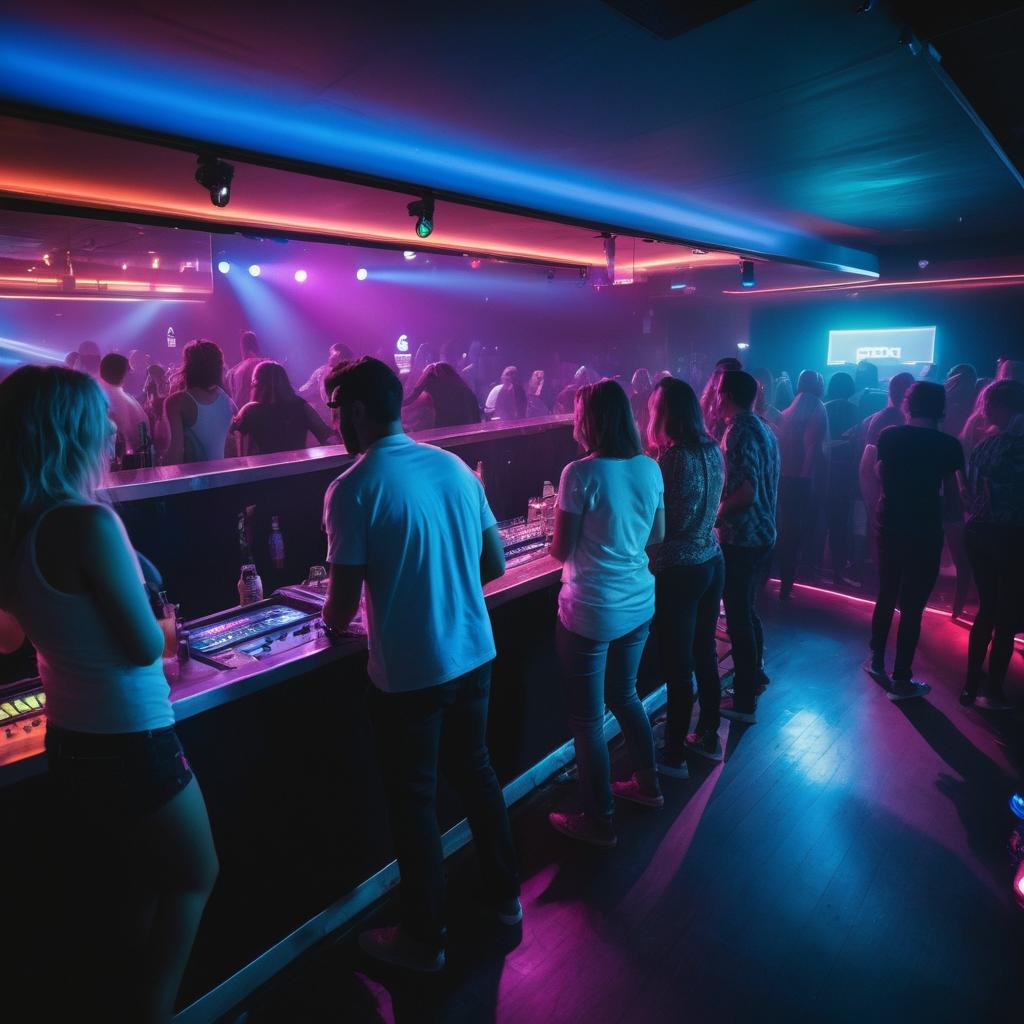 At Harvelle's Blue Club in Costa Mesa since 2016, an energetic crowd dances under colorful lights to minimal wave and d-beat rhythms, as a DJ or live band performs, reflecting the local preference for this genre; the scene features the club's logo, a line of people waiting to enter, and a bartender mixing drinks.
