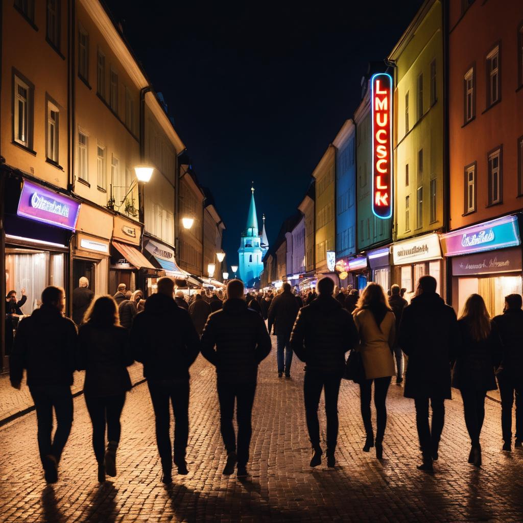 At night in Osnabruck's bustling streets, friends enthusiastically enter a majestic music club where local Russian pop band performs, surrounded by cheering crowd and neon lights, embodying the city's vibrant nightlife and music scene.