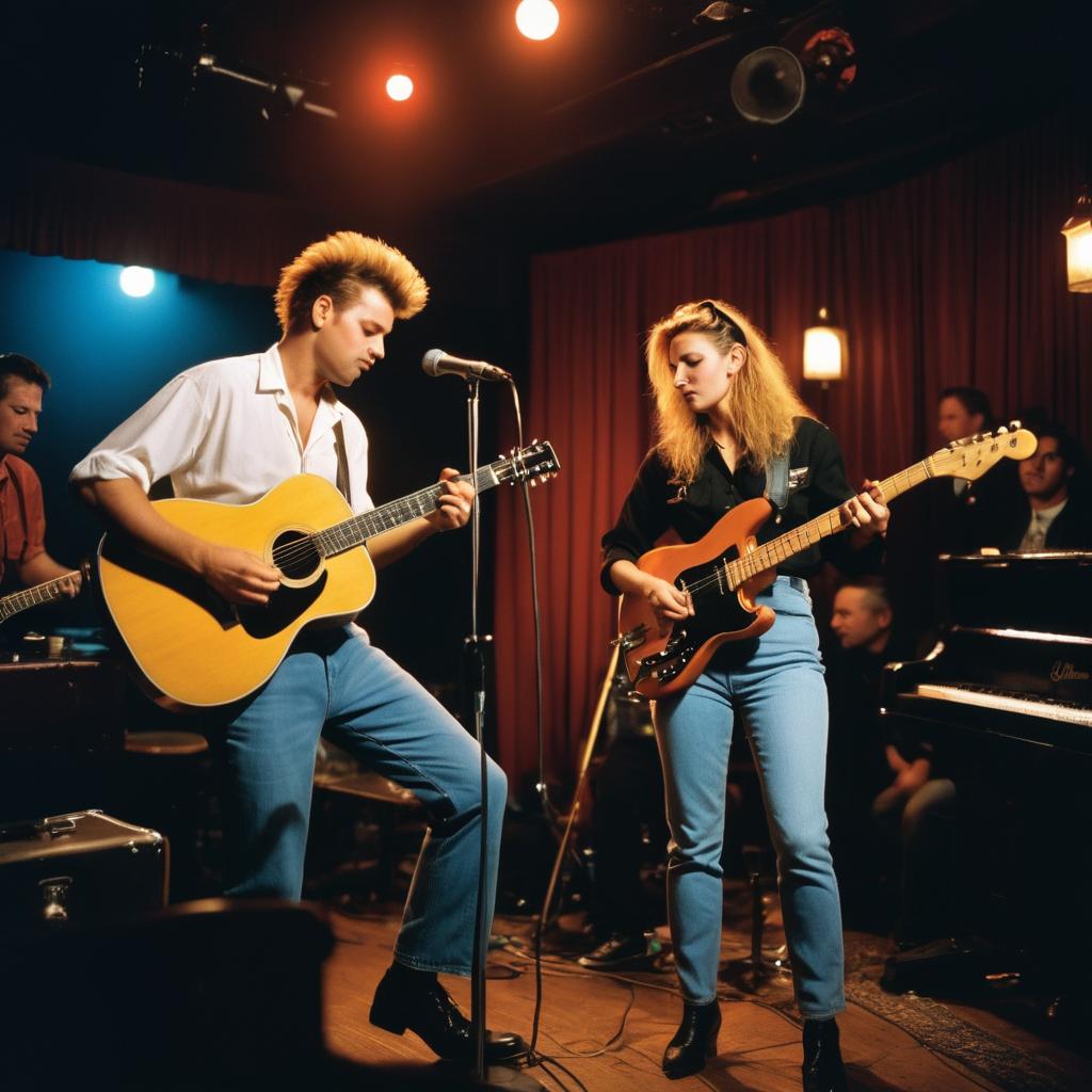 In this 1992 image at The Victualler Harbourside Bar & Restaurant in Portsmouth UK, young Adrian and Allie stand ready on stage with their instruments for their first punk blues performance, as an intimate crowd gathers, shadows cast by dim lighting creating an atmospheric backdrop.