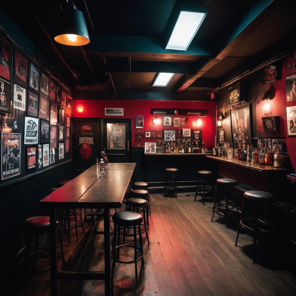 A dimly lit Gibus Club in Montreui, France, filled with gothic and punk rock decor, anticipates an intense horror punk performance with empty stage, fans eagerly waiting, patrons chatting near the bar, and a palpable energy surrounding posters of past performers.