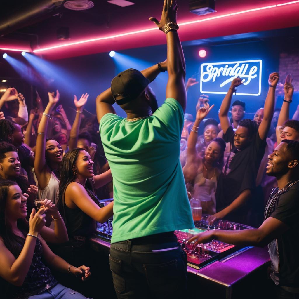 This image showcases Springdale's vibrant nightlife culture with young revelers dancing to hip hop beats at the popular C4 Nightclub & Lounges. Ayden performs on stage, hands in motion, surrounded by cheering crowd as neon lights flash in various colors. Tables in the background offer drinks and companionship.