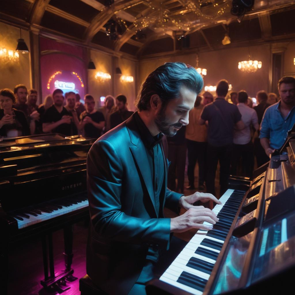 This image showcases Jeffrey, the acclaimed electronic piano player at Brocherie La in Rouen, amidst an enchanted crowd, as he artfully blends old and new tunes with his masterful hands under the captivating neon glow, while preparations for other musicians and DJs' sets continue in the bustling background.