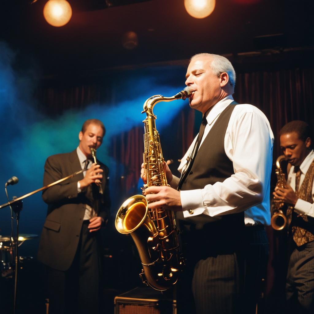 In this 2002 image at Harvelle's Blue Club in Kodiak, Bennett passionately performs on stage surrounded by his jazz saxophone and friends amidst vibrant lights, smoke, and a lively audience dancing to his energetic nu-disco beats. Despite the challenges of starting an unpopular genre, his determination radiates through his music.