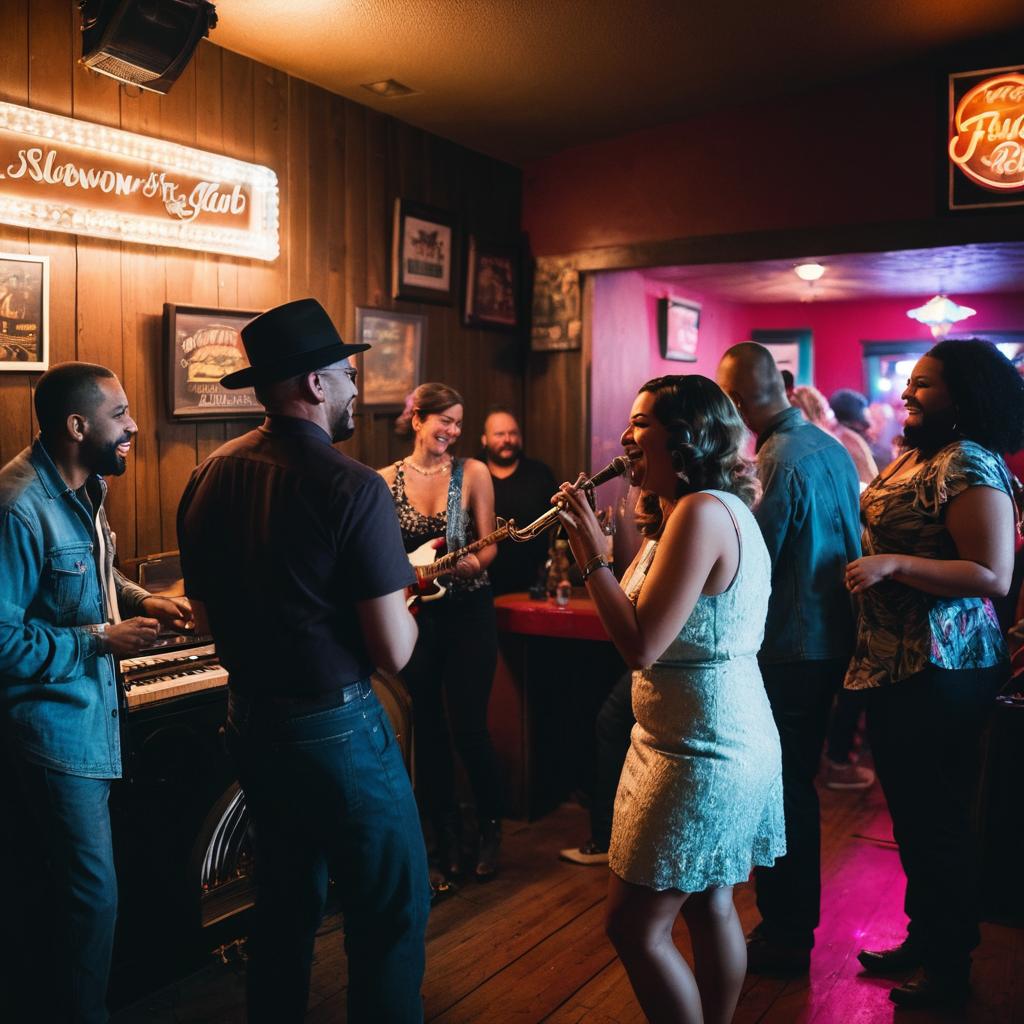 At the Alley Cat Music Club in Pueblo, an eclectic group gathers, discussing live jazz and slowcore performances amidst vintage cars, dim lights, and vinyl merchandise, as the proprietor greets newcomers and shares local music knowledge.