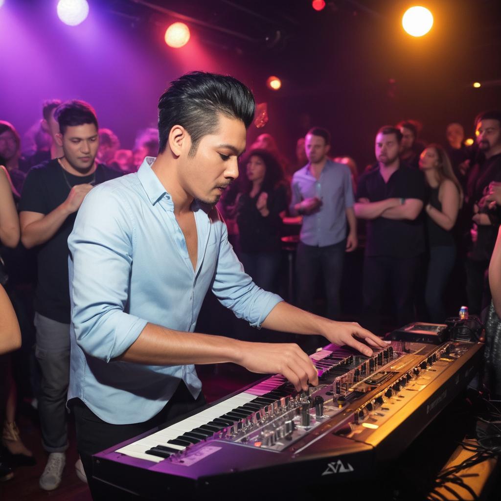 At Fat Catz Music Club in Stamford, an excited crowd eagerly waits as King Lee's band performs electric power tunes under vibrant lights, while at Ginnys Supper Club, Nicholas mesmerizes with his keyboard mastery, showcasing the diverse power electronic music scene.
