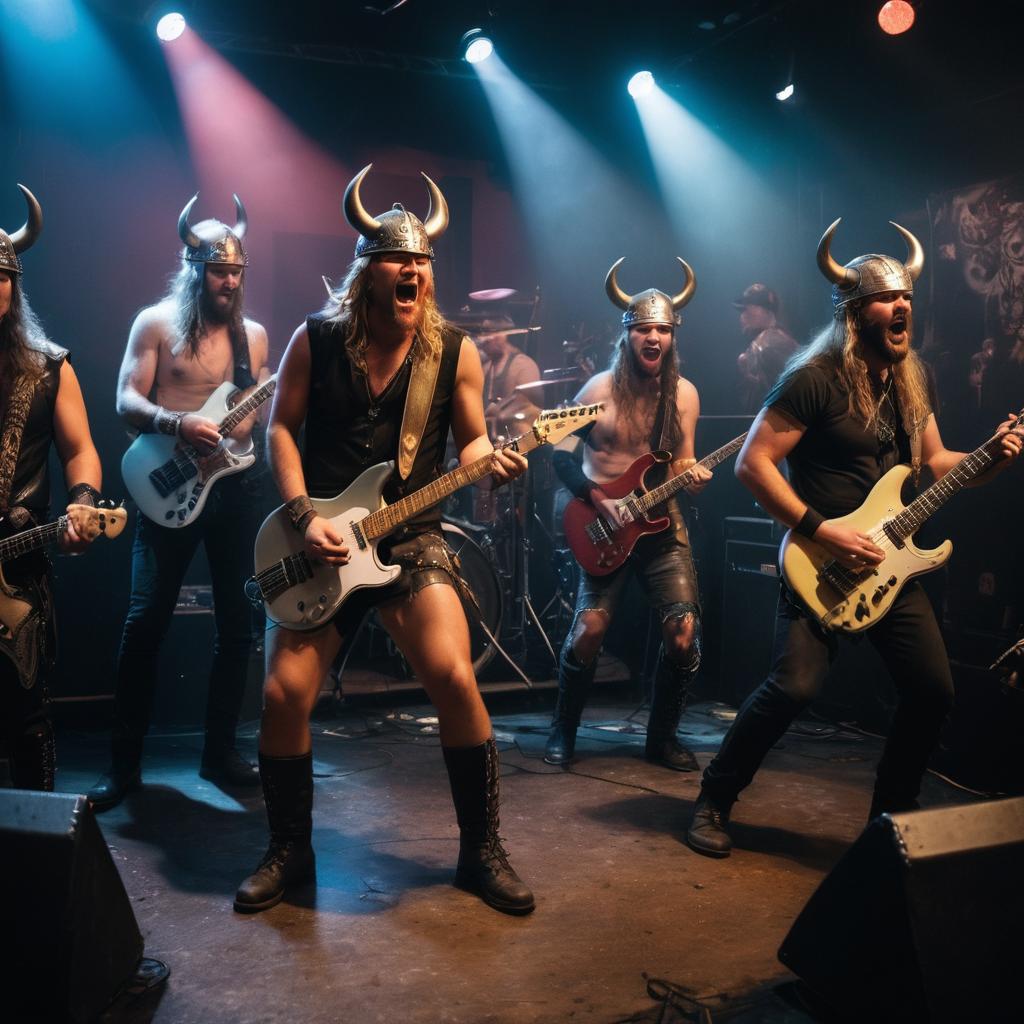 A dimly lit underground club in Grand Prairie freezes a moment of passion as a Viking metal band, engulfed in battle gear and horned helmets, intensely performs, igniting the crowd to mosh frenziedly amidst flashing strobe lights.