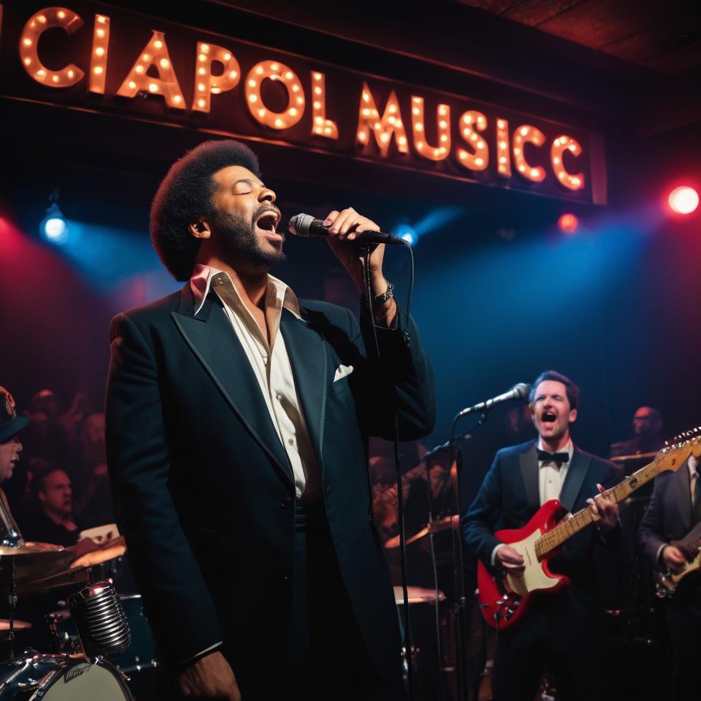 A captivating moment is frozen in time at Carlsbad's Capitol Music Club, where Simon, the charismatic blues shouter, mesmerizes the packed audience with his powerful vocals, surrounded by the club's rich history symbolized by a dimly lit room, vintage bebop poster, and the iconic 