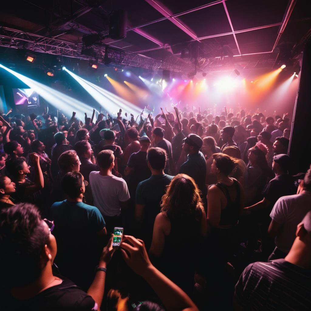 At Music Club Tijuana in Vaughan, a vibrant techstep event unfolds, filled with energy and unity as diverse attendees dance in sync to pulsating beats, the stage aglow with colorful lights and the DJ spinning tracks, capturing the spirit of community that has thrived since 1996.