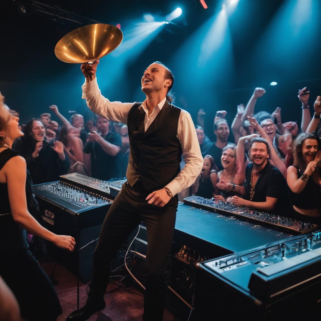 A magic moment at Club Scena captures Timothy performing on stage with a pulsing dance-punk crowd, the band's intense energy echoed offstage as friends celebrate and share stories at Bininding Schirn or Steigenberger Frankfurter Hof.