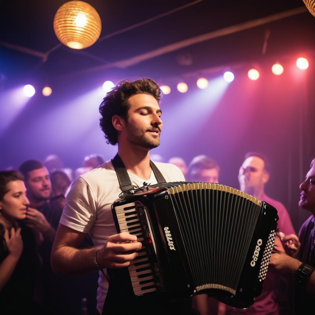 At Fat Catz Music Club in Carlisle, Thomas Golden expertly mixes hard trance music as a diverse crowd dances below, with David's accordion solo illuminating the balcony above, symbolizing the vibrant energy and nostalgic charm of live music in the city's lively nightlife.